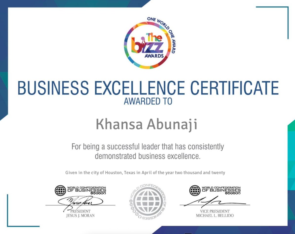 Business Excellence Certificate - WORLDCOB Bizz Awards